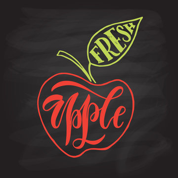 Hand sketched fresh apple lettering typography. Farmers market/organic food/natural product/juice/pie/jam concept.