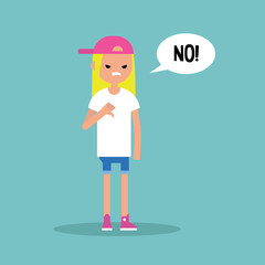 Thumbs down. Displeased teenage girl says 