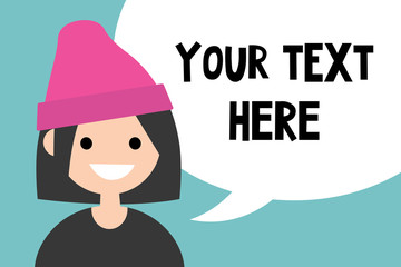 Your text here. Conceptual illustration. A portrait of young girl with speech bubble / editable flat vector illustration