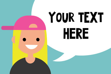 Your text here. Conceptual illustration. A portrait of young blond girl with speech bubble / editable flat vector illustration