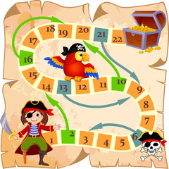 Board game with pirate, parrot, jolly roger and treasure chest