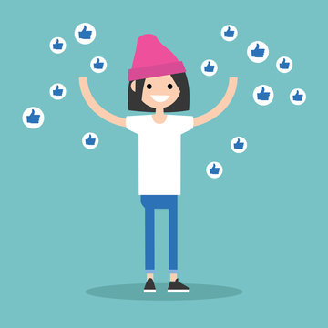 Young successful girl surrounded by like symbols raising her hands / flat editable vector illustration