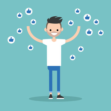 Young successful man surrounded by like symbols raising his hands / flat editable vector illustration