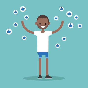 Young successful  black man surrounded by like symbols raising his hands / flat editable vector illustration