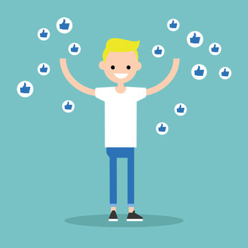 Young successful boy surrounded by like symbols raising his hands / flat editable vector illustration