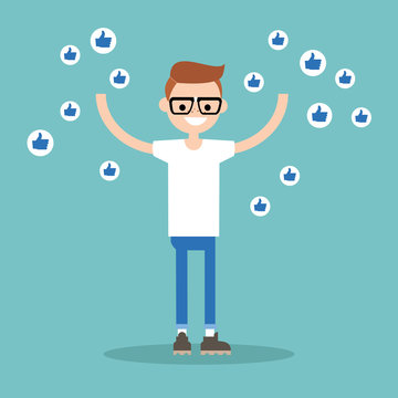 Young successful nerd surrounded by like symbols raising his hands / flat editable vector illustration