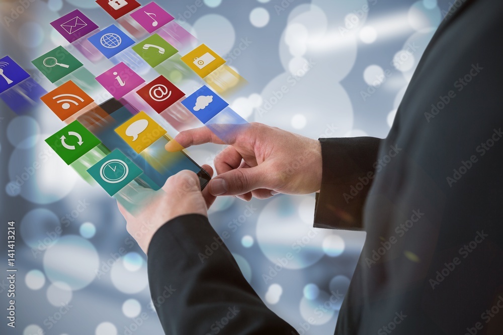 Aufkleber composite image of businessman using smart phone 3d