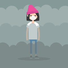 Air pollution. Smog. Young character wearing a protective face mask / flat editable illustration, clip art