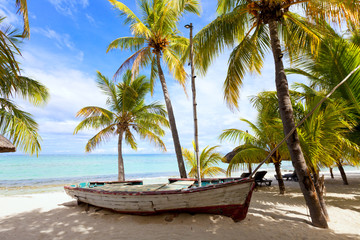 Old wooden fishing boat on a tropical paradise island with coconut palm trees in the background