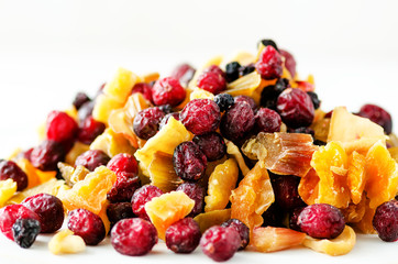 Mix of dried fruits on stone. Cranberry, rhubarb, apple, mango, cherry, peach, apricot. Handmade sweets no sugar. Healthy nutrition, high dose vitamin C.