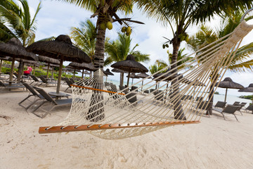 Empty hammock on tropical beach with palm leaf thatch roofing umbrellas and palm trees in the background