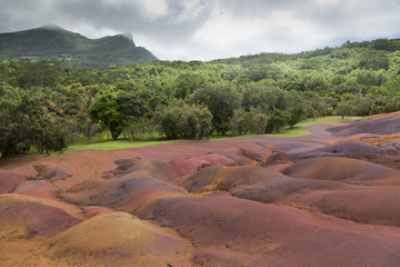 Spectacular view of Chamarel's Seven Coloured Earths sand dunes in south-western Mauritius