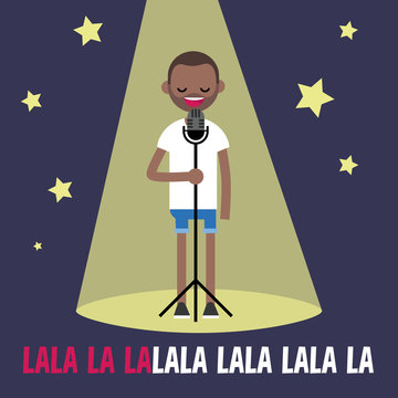 Young black man singing karaoke on the stage / flat editable vector illustration, clip art