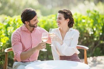 Couple toasting wine glasses while sitting