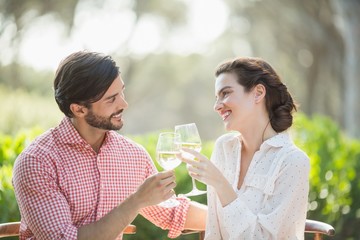 Couple toasting wine glasses while sitting in restaurant