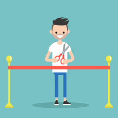 Opening ceremony concept. Red ribbon. Young bearded man holding scissors / flat editable vector illustration, clip art