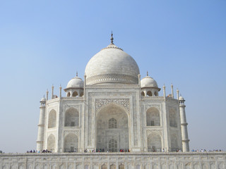 Fototapeta na wymiar Dynamic perspective view of the Taj Mahal mausoleum in Agra, India, with the main building portal and dome