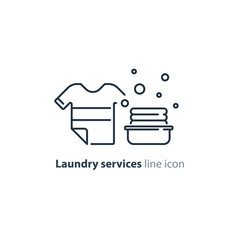 Washing clothes, laundry mono line icon, t-shirt and bucket