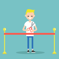 Opening ceremony concept. Red ribbon. Young blond boy holding scissors / flat editable vector illustration, clip art