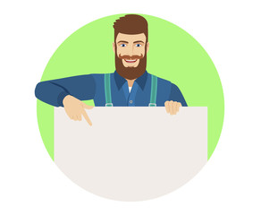 Hipster pointing at banner over white