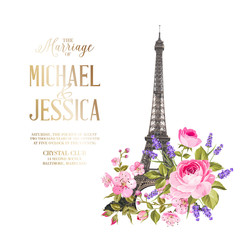 Fototapeta na wymiar Marriage invitation card with floral garland and calligraphic text. Eiffel tower with blooming spring flowers over white background. Vector illustration.
