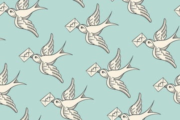 Seamless pattern with old school vintage bird and postal envelope with heart in engraving style on turquoise background. Hand drawn design for wrapping paper, fabric background. Vector illustration