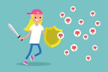 Young blond girl fighting against negative reactions in social media / editable flat vector illustration, clip art