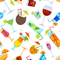 Vector seamless pattern with tropical cocktails, juice, wine and champagne glass. Doodle background with beverages. Design for summer beach party, bar menu of alcohol drinks or wine list.