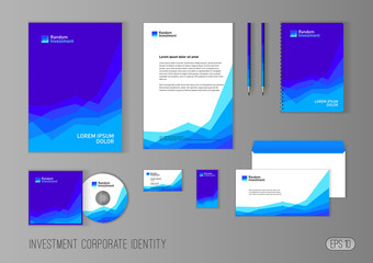 Corporate identity template for investment company, modern stationery template design stylized with charts for investment business. Brochure cover, letterhead, envelope, business card, pen, CD cover.