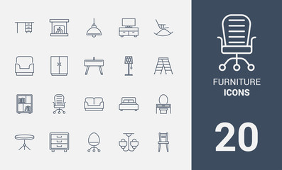 Icons Set of Furniture. Symbol of Intelligent Thin Line Image Pack. Stroke Pictogram Graphic for Web Design. Quality Outline Vector Symbol Concept Collection. Premium Mono Linear