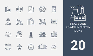 A package of symbols of heavy industry. Icons of factories and factories. Set of icons line. Icon set.