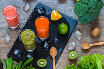 Detox diet. Healthy eating. Different colorful fresh juices, vegetables and fruits