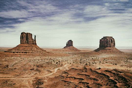 panoramic photo of the Monument Valley Park in Arizona in USA with vintage effects