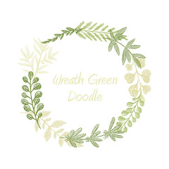 Greenery floral circle wreath vector, greeting, invitation or wedding card template. Hand drawn green leaf frame