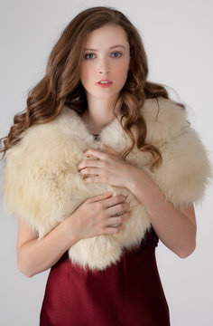 Teen In Dress And Fur Stole