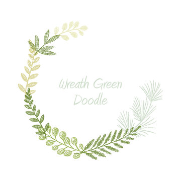 Greenery scribble hand drawn foliage border vector, greeting, invitation or wedding card template. Green leaf frame. Spring floral wreath
