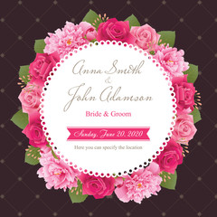 Wedding invitation card, save the date card, greeting card with peonies and roses. Flower frame. EPS 10