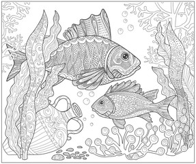 Fish on the seabed, adult coloring book page in doodle style.
