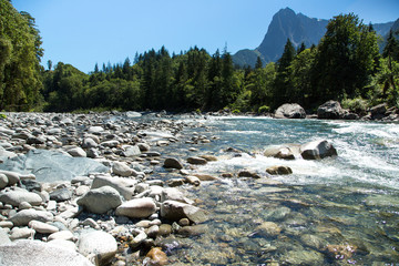 Summer cascade mountain river scene of rocky boulder shore pebble bank with rapids in evergreen forest