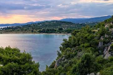 Fototapeta na wymiar Gorgeous sea and sky colors in the dusk, Sithonia, Chalkidiki, Greece 