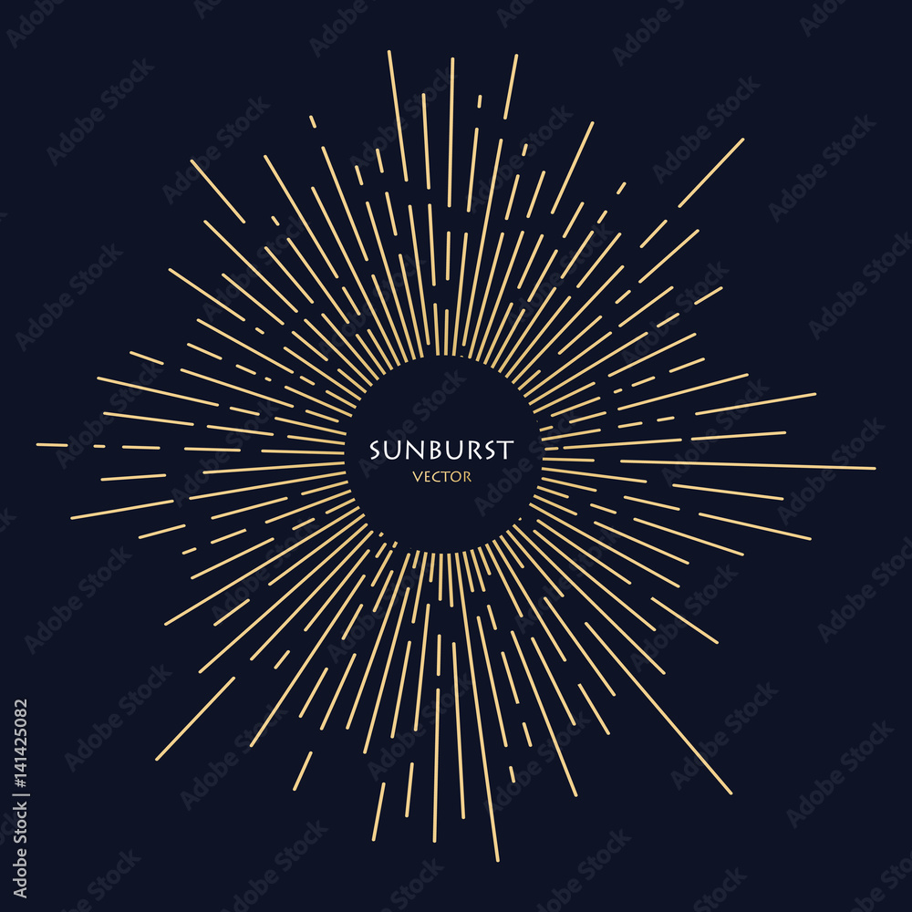 Poster golden sun rays images in hand drawing style. the effect of the explosion. graphic template for vari