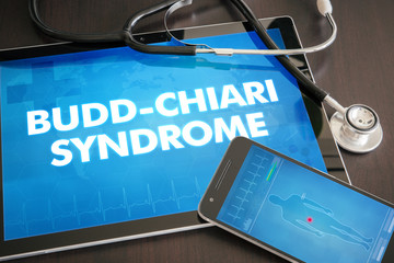 Budd-Chiari syndrome (liver disease) diagnosis medical concept on tablet screen with stethoscope - obrazy, fototapety, plakaty