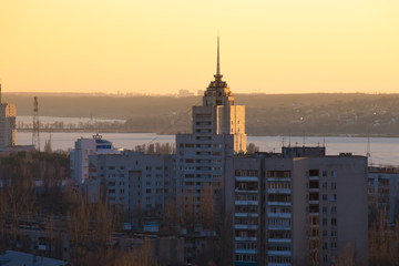 Evening Voronezh. Sunset. House with tower with spire