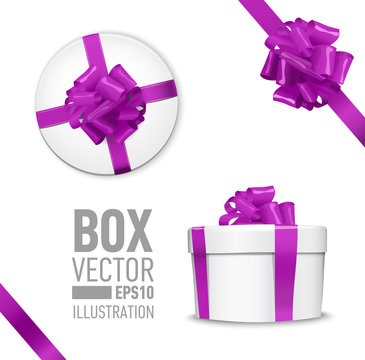 White Round Gift Box With Shiny Purple Beautiful Curly Bow And Ribbon. Top View, Side View. Isolated On Blue Background
