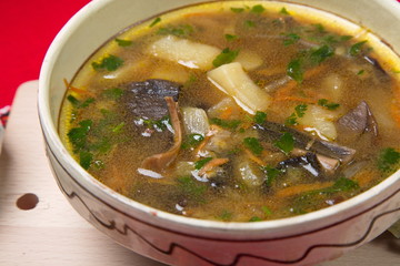 Plate of soup from dried white mushrooms.