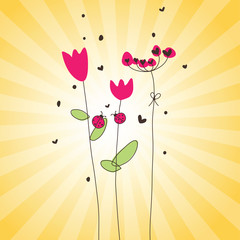 Greeting card. Spring flowers. Ladybugs.