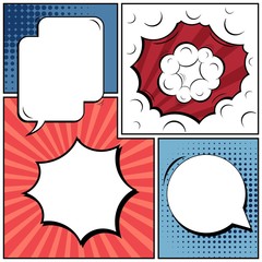 Abstract creative concept vector comic pop art style blank, layout template with clouds beams and isolated dots background. For sale banner, empty speech bubble set, illustration halftone book design.