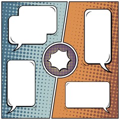 Abstract creative concept vector comic pop art style blank, layout template with clouds beams and isolated dots background. For sale banner, empty speech bubble set, illustration halftone book design.