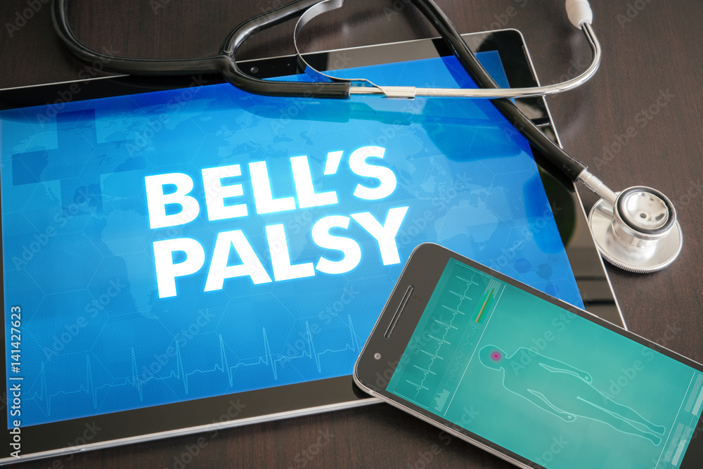 Poster Bell's palsy (neurological disorder) diagnosis medical concept on tablet screen with stethoscope