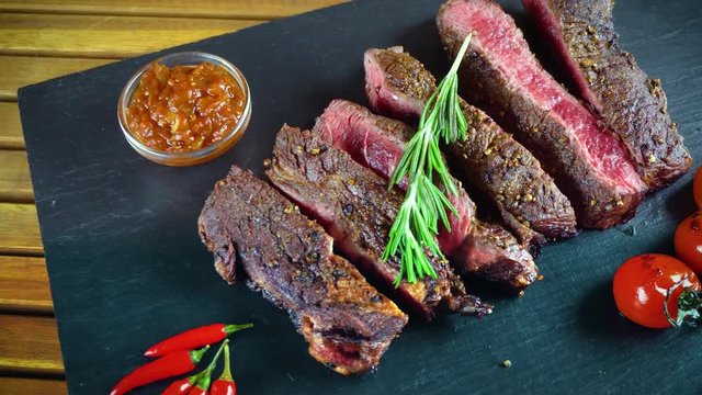 big tasty steak on stone plate